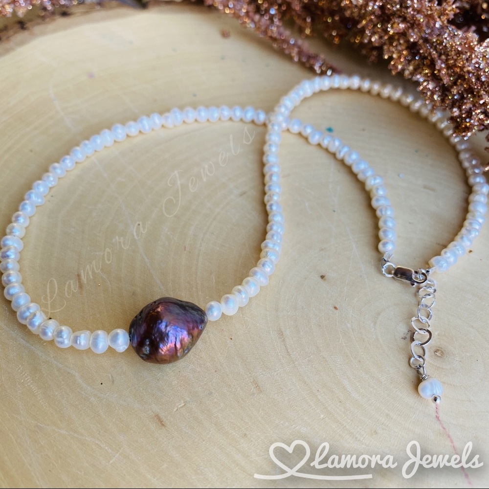 Baroque Tahitian Natural Black Pearl Necklace